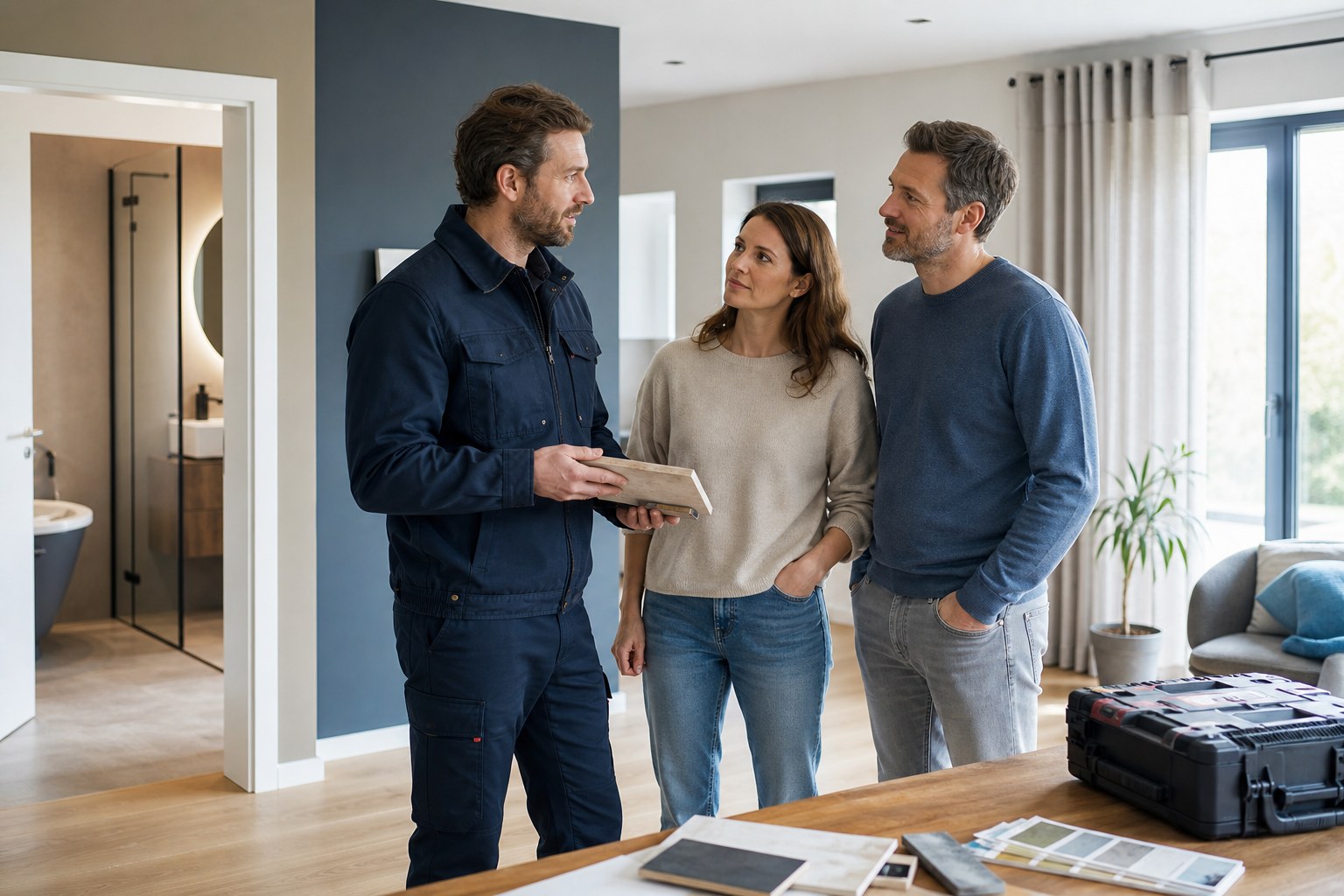 Handwerkliche Projektabstimmung mit einem Paar in einem modernen Zuhause